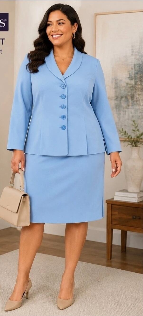 Roaman's Women 38W Blue 2 Piece Skirt Suit Blazer Stretch Plus Size